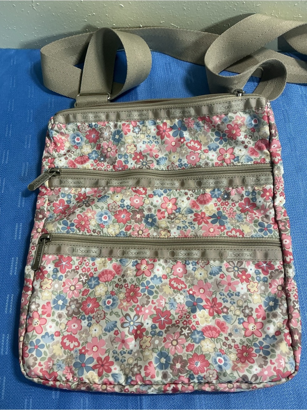 Lesportsac Pink and Blue Floral Crossbody Shoulder Bag